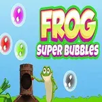 Žába s kloboukem a další žába stojící vedle dřevěného děla vystřelujícího barevné bubliny na modrém pozadí s nápisem Frog Super Bubbles