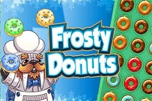 Lední medvěd kuchař drží koblihy vedle nápisu Frosty Donuts s pozadím posetým barevnými koblihami