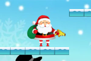 Santa Claus s červenou čepicí a plnovousem drží zlatou zbraň, stojí na zasněžené plošině s modrou oblohou na pozadí