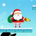 Santa Claus s červenou čepicí a plnovousem drží zlatou zbraň, stojí na zasněžené plošině s modrou oblohou na pozadí