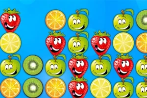 Veselé kreslené ovoce, jako jsou jahody, jablka, kiwi a pomeranče, na modrém pozadí