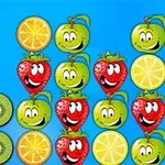Veselé kreslené ovoce, jako jsou jahody, jablka, kiwi a pomeranče, na modrém pozadí