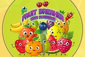 Usměvavé ovoce včetně banánů, jahod, ananasu a borůvky na zeleném pozadí s nápisem FRUIT BREAKER WITH BLUEBERRY