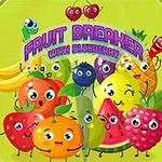 Usměvavé ovoce včetně banánů, jahod, ananasu a borůvky na zeleném pozadí s nápisem FRUIT BREAKER WITH BLUEBERRY