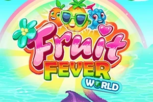 Barevný nápis Fruit Fever World s ovocnými postavami a duhou na pozadí