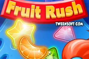 Barevný obrázek se segmenty ovoce na modrém pozadí, s neonově zářícími tvary a nápisem Fruit Rush