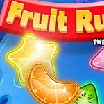 Barevný obrázek se segmenty ovoce na modrém pozadí, s neonově zářícími tvary a nápisem Fruit Rush