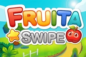 Pestrobarevný nápis FRUITA SWIPE s kresleným pozadím, obsahujícím stromy, plot a cestu