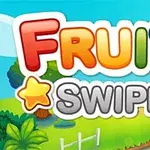 Pestrobarevný nápis FRUITA SWIPE s kresleným pozadím, obsahujícím stromy, plot a cestu