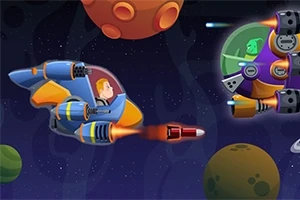 Vesmírná scéna s raketovou lodí a pilotem střílejícím na mimozemskou loď v barevném sci-fi vesmíru s planetami