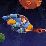 Vesmírná scéna s raketovou lodí a pilotem střílejícím na mimozemskou loď v barevném sci-fi vesmíru s planetami