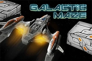 Vesmírná loď letící mezi vesmírnými bloky s nápisem Galactic Maze nahoře