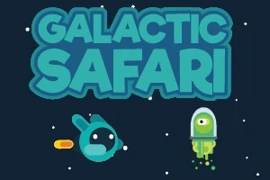 Název Galactic Safari s kreslenými postavičkami v kosmickém prostředí na tmavém pozadí