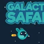 Název Galactic Safari s kreslenými postavičkami v kosmickém prostředí na tmavém pozadí