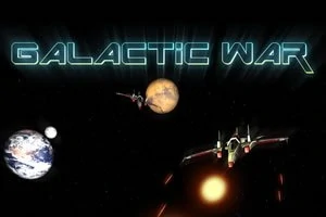 Nápis Galactic War nad vesmírnou scénou s planetami a kosmickými loděmi
