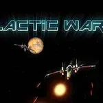Nápis Galactic War nad vesmírnou scénou s planetami a kosmickými loděmi