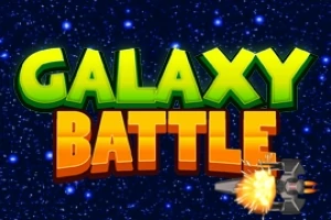 Název GALAXY BATTLE v zelené a oranžové barvě s hvězdnou oblohou na pozadí a výbuchem vpravo dole