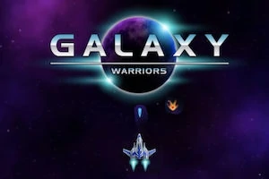Kosmická loď letí vesmírem pod nápisem Galaxy Warriors s planetou v pozadí