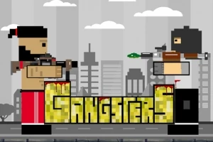 Dva pixelovaní postavy se samopaly stojí proti sobě na pozadí městské krajiny, mezi nimi je žlutý nápis Gangsters