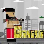 Dva pixelovaní postavy se samopaly stojí proti sobě na pozadí městské krajiny, mezi nimi je žlutý nápis Gangsters
