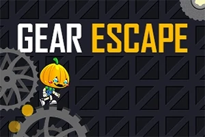 Postava s hlavou dýně stojící na ozubeném kole s nápisem GEAR ESCAPE na tmavém pozadí