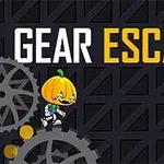 Postava s hlavou dýně stojící na ozubeném kole s nápisem GEAR ESCAPE na tmavém pozadí
