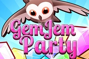 Nápis Gem Jem Party v růžové barvě se sovou nahoře a barevnými drahokamy v pozadí