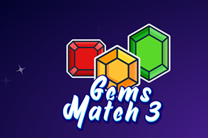 Na obrázku jsou tři drahokamy v červené, žluté a zelené barvě na tmavě fialovém pozadí s nápisem „Gems Match 3“