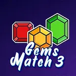 Na obrázku jsou tři drahokamy v červené, žluté a zelené barvě na tmavě fialovém pozadí s nápisem „Gems Match 3“