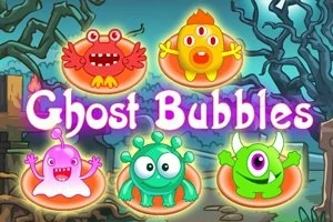 Pět barevných kreslených příšerek na temném strašidelném pozadí s nápisem „Ghost Bubbles“