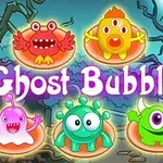 Pět barevných kreslených příšerek na temném strašidelném pozadí s nápisem „Ghost Bubbles“