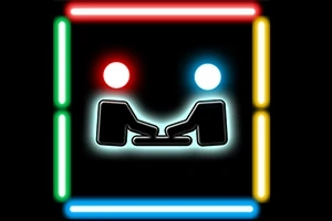 Dva stylizované obrysy postav hrajících na klávesnici uvnitř rámu ze zářivých neonových čar v různých barvách