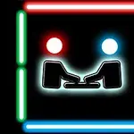 Dva stylizované obrysy postav hrajících na klávesnici uvnitř rámu ze zářivých neonových čar v různých barvách
