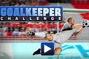Brankář v šedém dresu chytající míč před brankou s nápisem GOALKEEPER CHALLENGE v horní části
