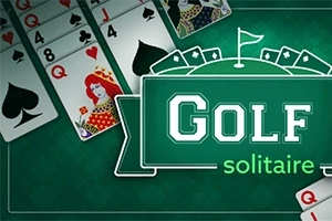 Hrací karty s motivem dámy a černých piků, vedle znaku s nápisem Golf Solitaire