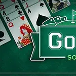 Hrací karty s motivem dámy a černých piků, vedle znaku s nápisem Golf Solitaire