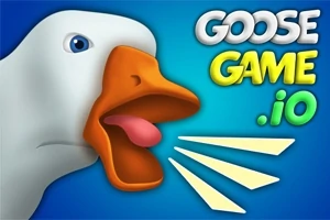 Husa s otevřeným zobákem na modrém pozadí vedle nápisu GOOSE GAME 