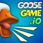 Husa s otevřeným zobákem na modrém pozadí vedle nápisu GOOSE GAME 