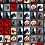 Barevná mozaika se vzory obsahujícími symboly a siluety postav uspořádané v opakujícím se vzoru