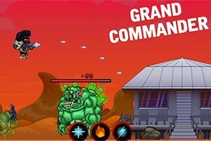 Postava s futuristickou zbraní střílí na zelené monstrum před budovou v pouštní krajině