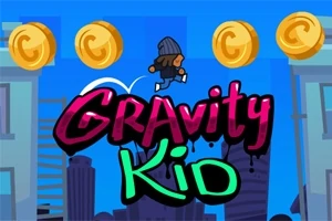Postavička v čepici skáče přes mince na pozadí města s nápisem Gravity Kid