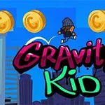 Postavička v čepici skáče přes mince na pozadí města s nápisem Gravity Kid