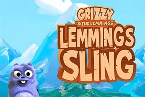 Fialový kreslený hlodavec stojí před horskou krajinou s logem Lemmings Sling