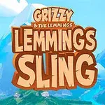 Fialový kreslený hlodavec stojí před horskou krajinou s logem Lemmings Sling