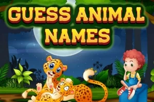 Nápis Guess Animal Names nad ilustrací dvou levhartů a dítěte sedícího v džungli