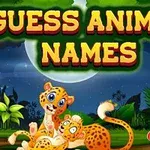 Nápis Guess Animal Names nad ilustrací dvou levhartů a dítěte sedícího v džungli