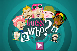 Karikatury postav s různými účesy a oblečením obklopují barevný nápis Guess Who?