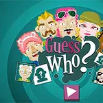 Karikatury postav s různými účesy a oblečením obklopují barevný nápis Guess Who?