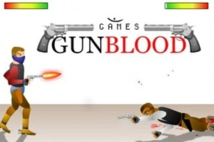 Postava v šátku střílí na ležící postavu na zemi s nápisem Gunblood nahoře
