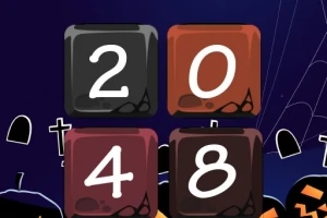 Čtyři barevné dlaždice s čísly 2, 0, 4, a 8 na tmavém pozadí s motivy svátku Halloween